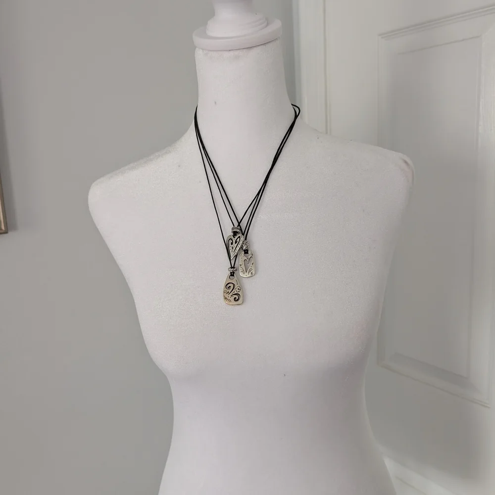 Classic Brighton Silver Triple Heart Black Cord Necklace